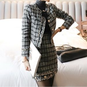 Plaid tweed jacket and skirt set (2pcs)
